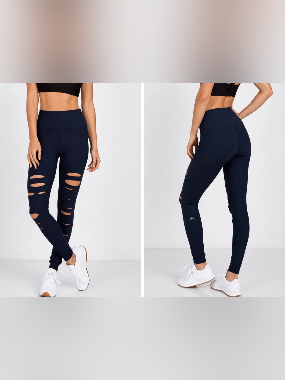 504 Alo Yoga High Waist Ripped Warrior Leggings XS Navy Blue Cutout